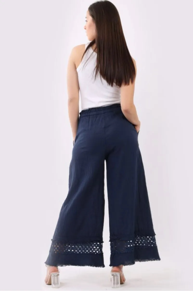 Anne   Kate Button Plain Linen Crochet Wide Leg Pant