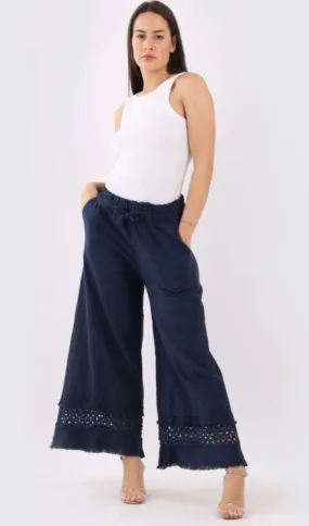 Anne   Kate Button Plain Linen Crochet Wide Leg Pant