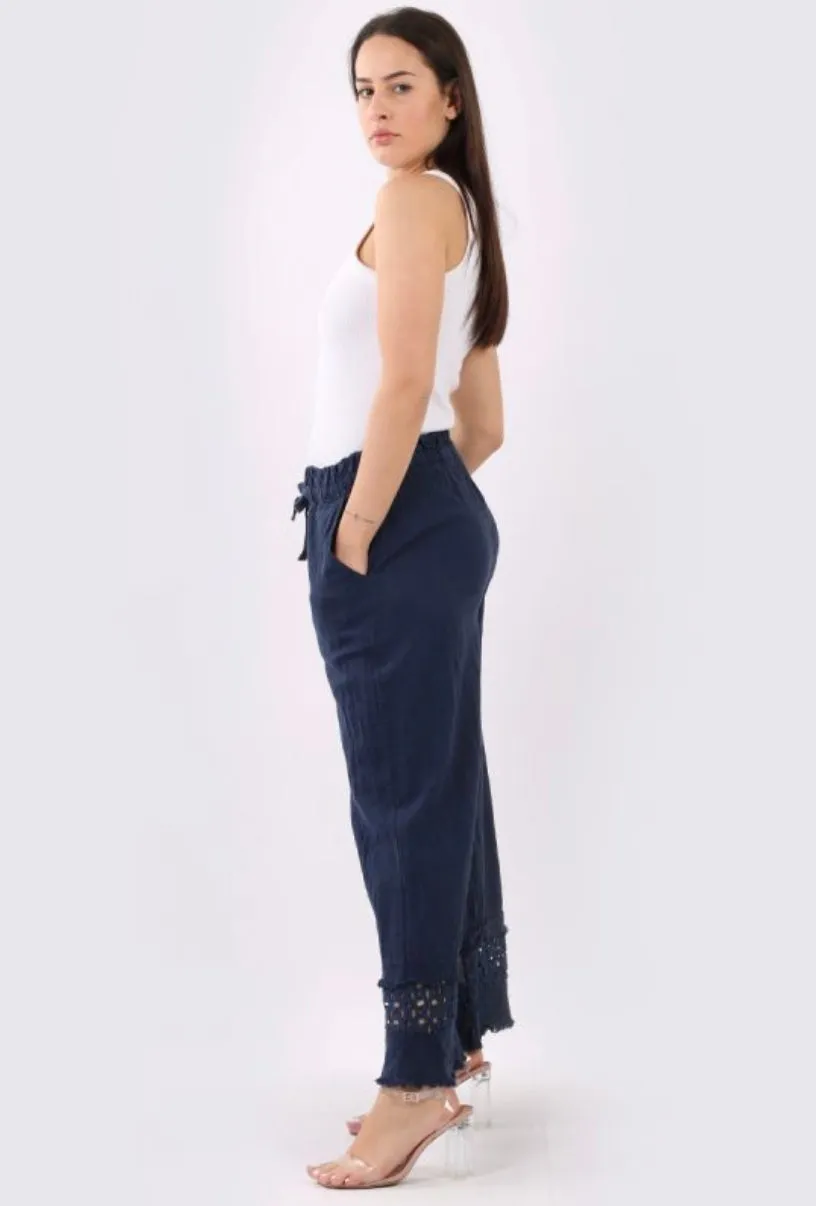 Anne   Kate Button Plain Linen Crochet Wide Leg Pant