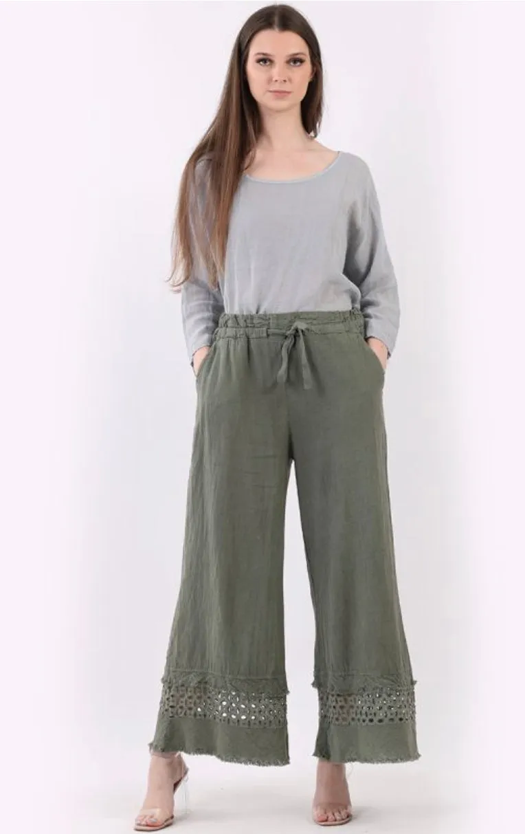 Anne   Kate Button Plain Linen Crochet Wide Leg Pant