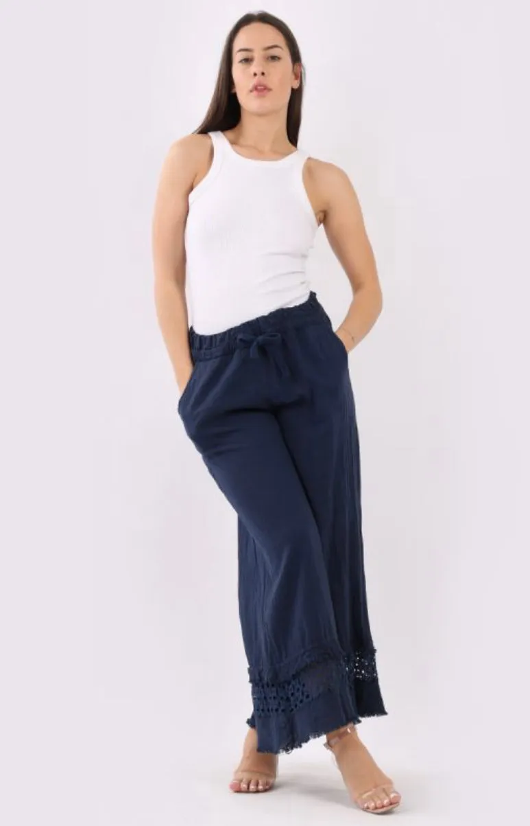 Anne   Kate Button Plain Linen Crochet Wide Leg Pant