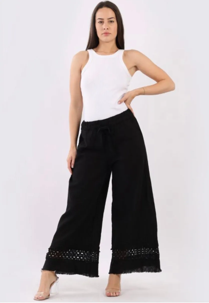 Anne   Kate Button Plain Linen Crochet Wide Leg Pant