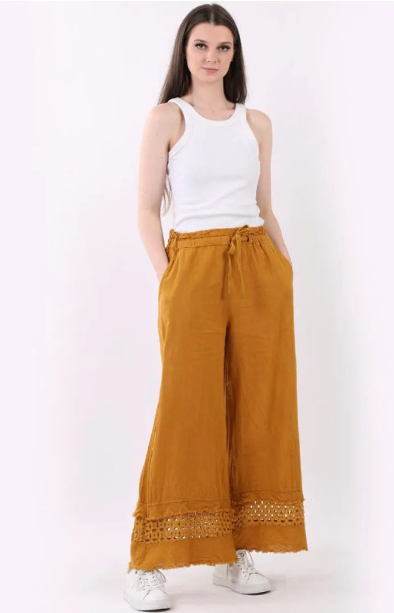 Anne   Kate Button Plain Linen Crochet Wide Leg Pant