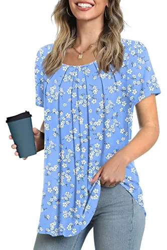 Anymeet Woman Summer Tunic Tops Casual Short Sleeve Pleated Shirt for Leggings Beach Blouse Flowy Hide Belly Purple Red Medium