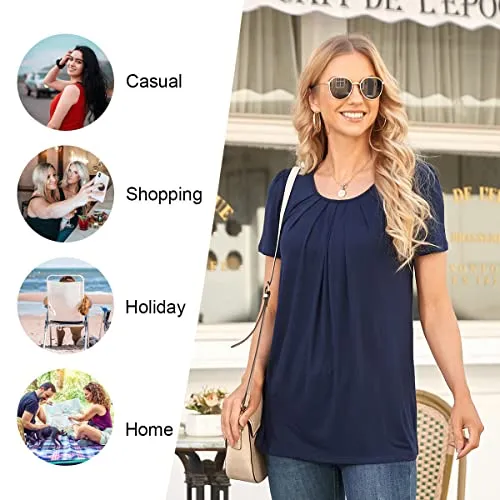 Anymeet Woman Summer Tunic Tops Casual Short Sleeve Pleated Shirt for Leggings Beach Blouse Flowy Hide Belly Purple Red Medium