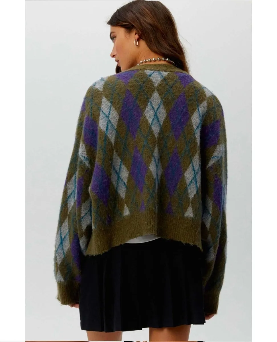 Argyle Oversized Cardigan Forest Mist