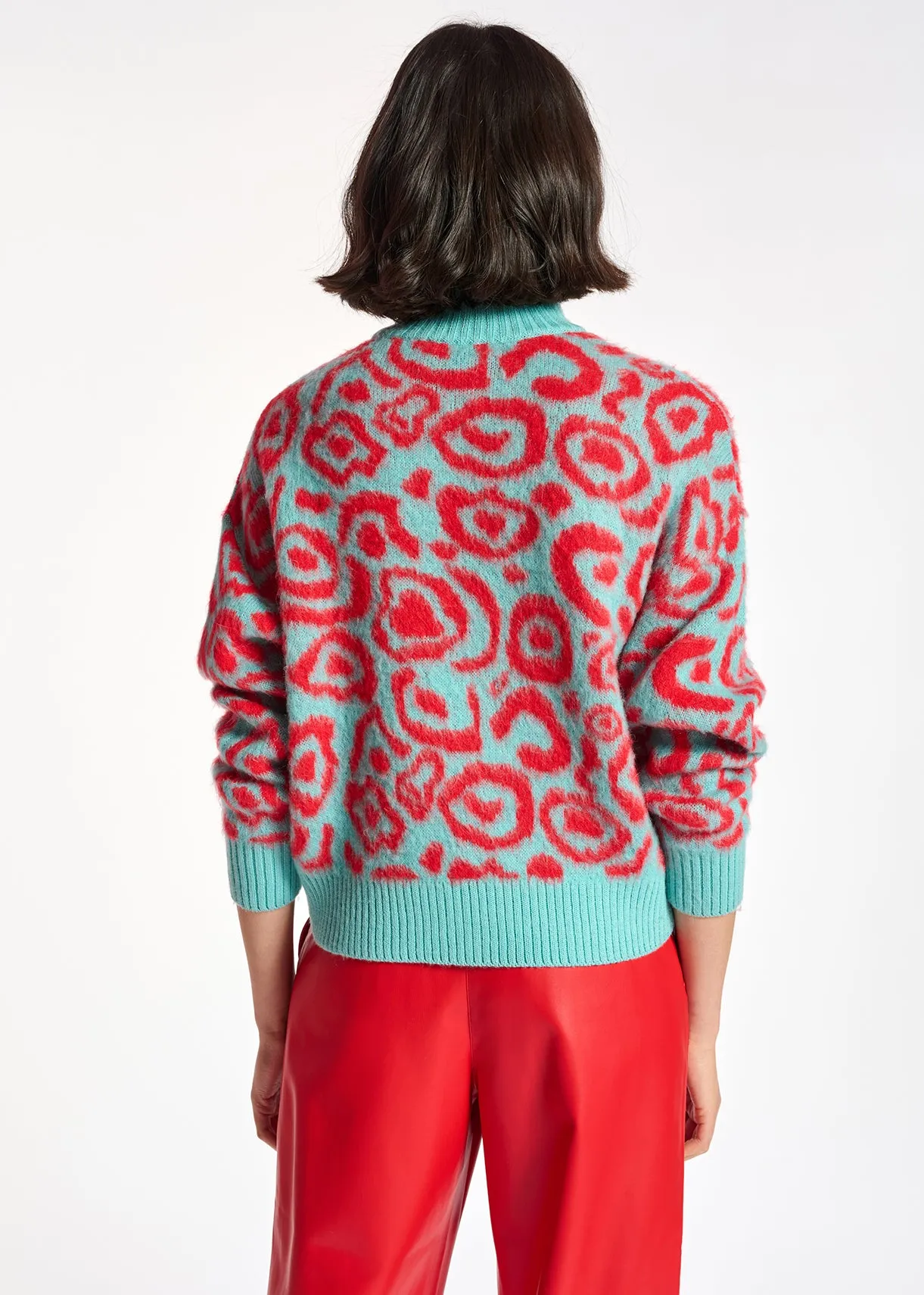 Blue and red leopard-print knit sweater