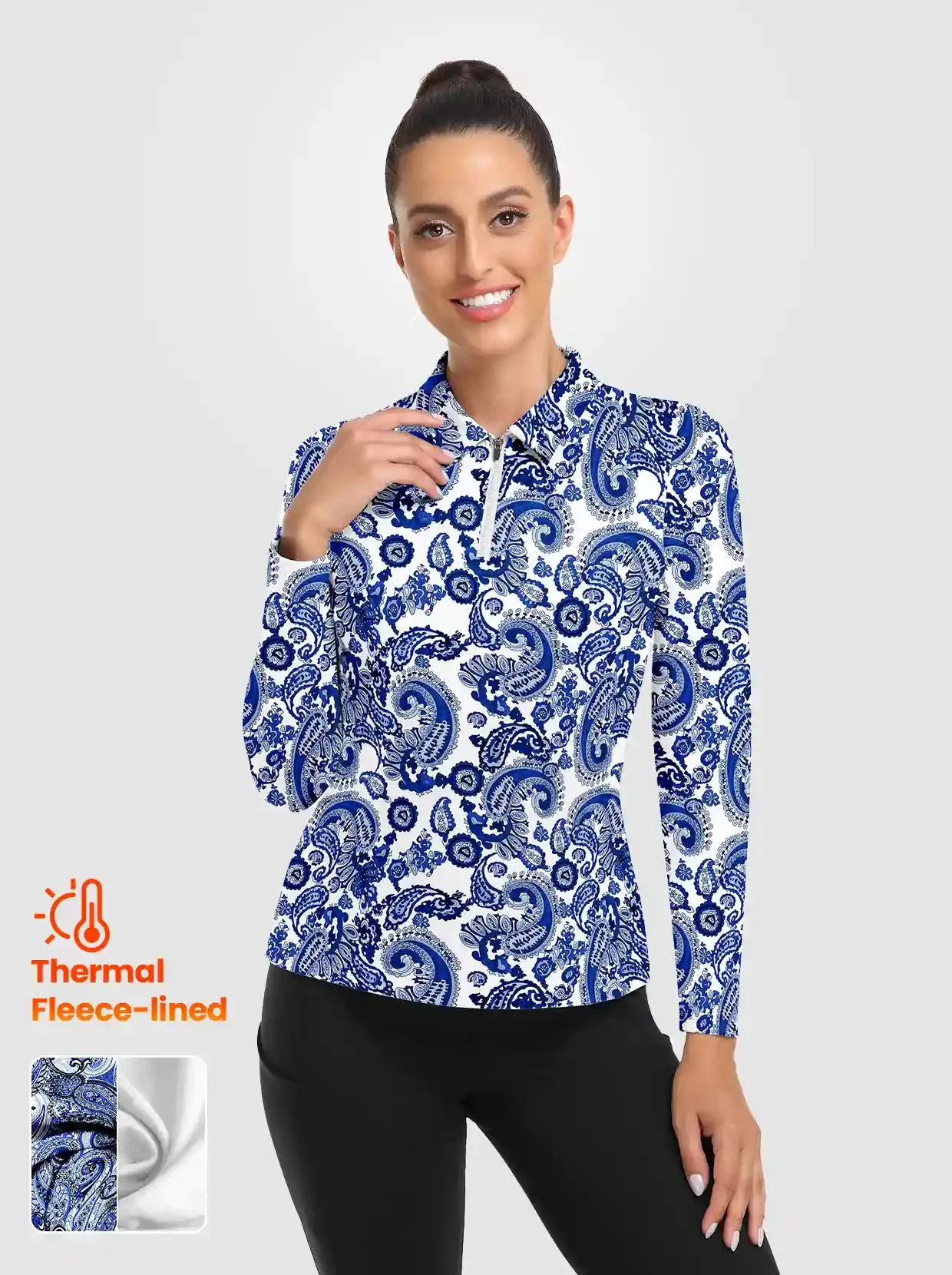 Blue Floral Long Sleeve Fleece Top for Women