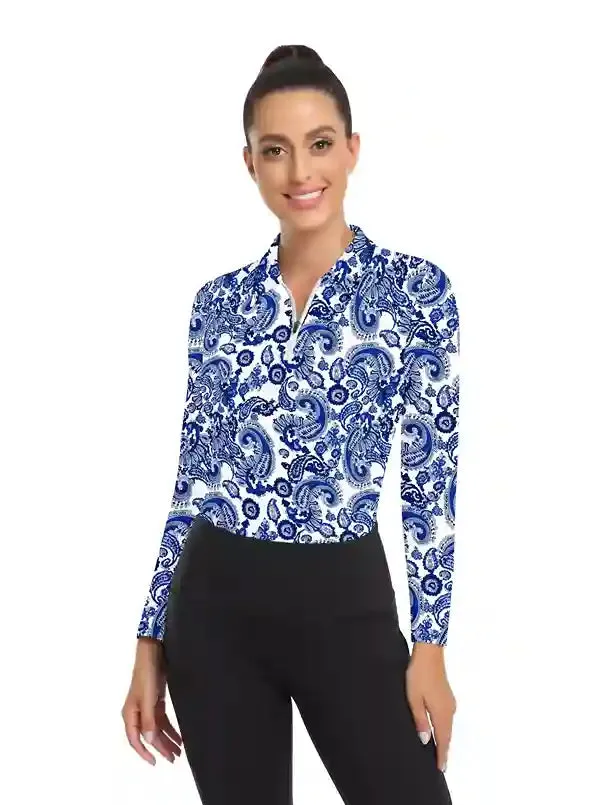 Blue Floral Long Sleeve Fleece Top for Women