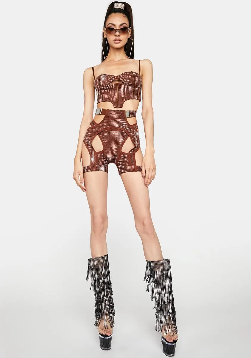 Brown Morph Rhinestone Cut-Out Shorts