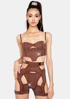 Brown Morph Rhinestone Cut-Out Shorts