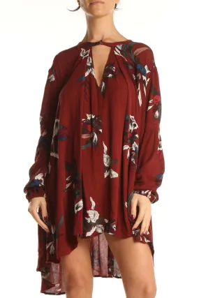 Burgundy Floral Long Sleeve Flowy Dress