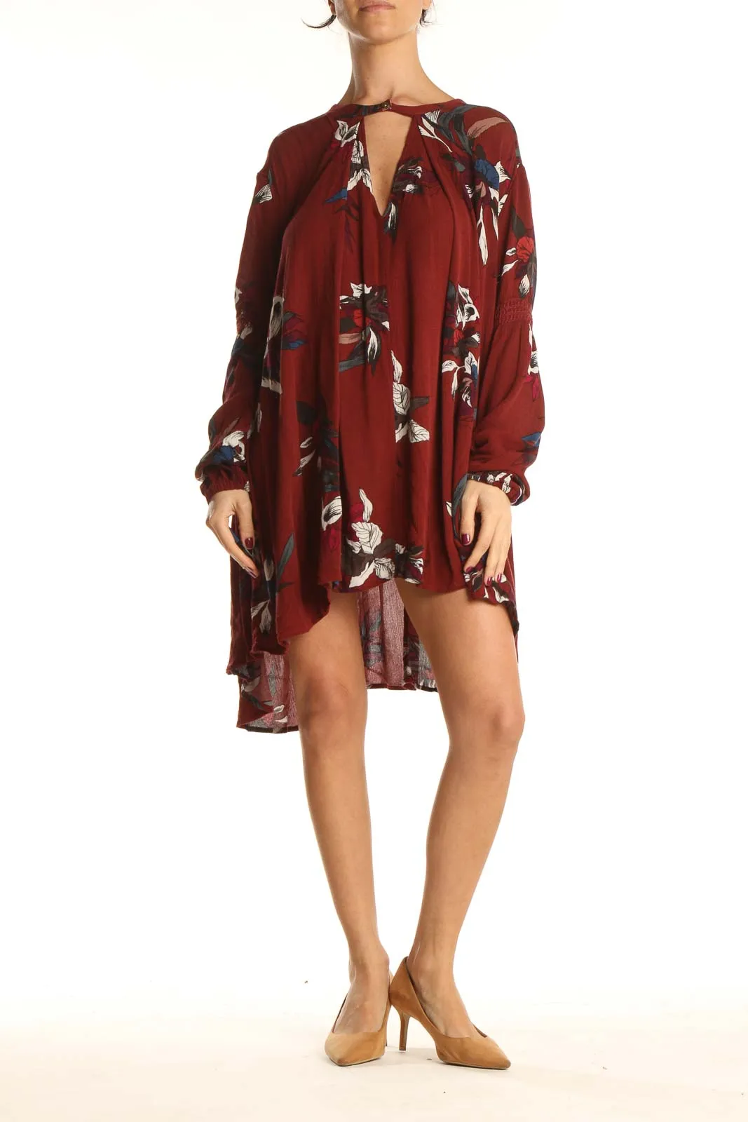 Burgundy Floral Long Sleeve Flowy Dress