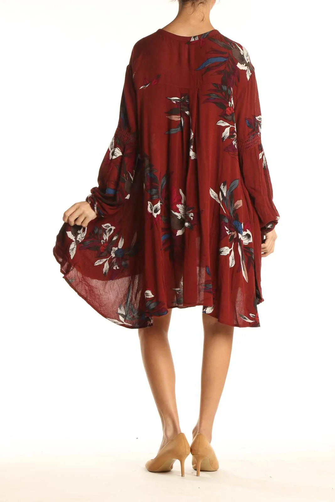 Burgundy Floral Long Sleeve Flowy Dress