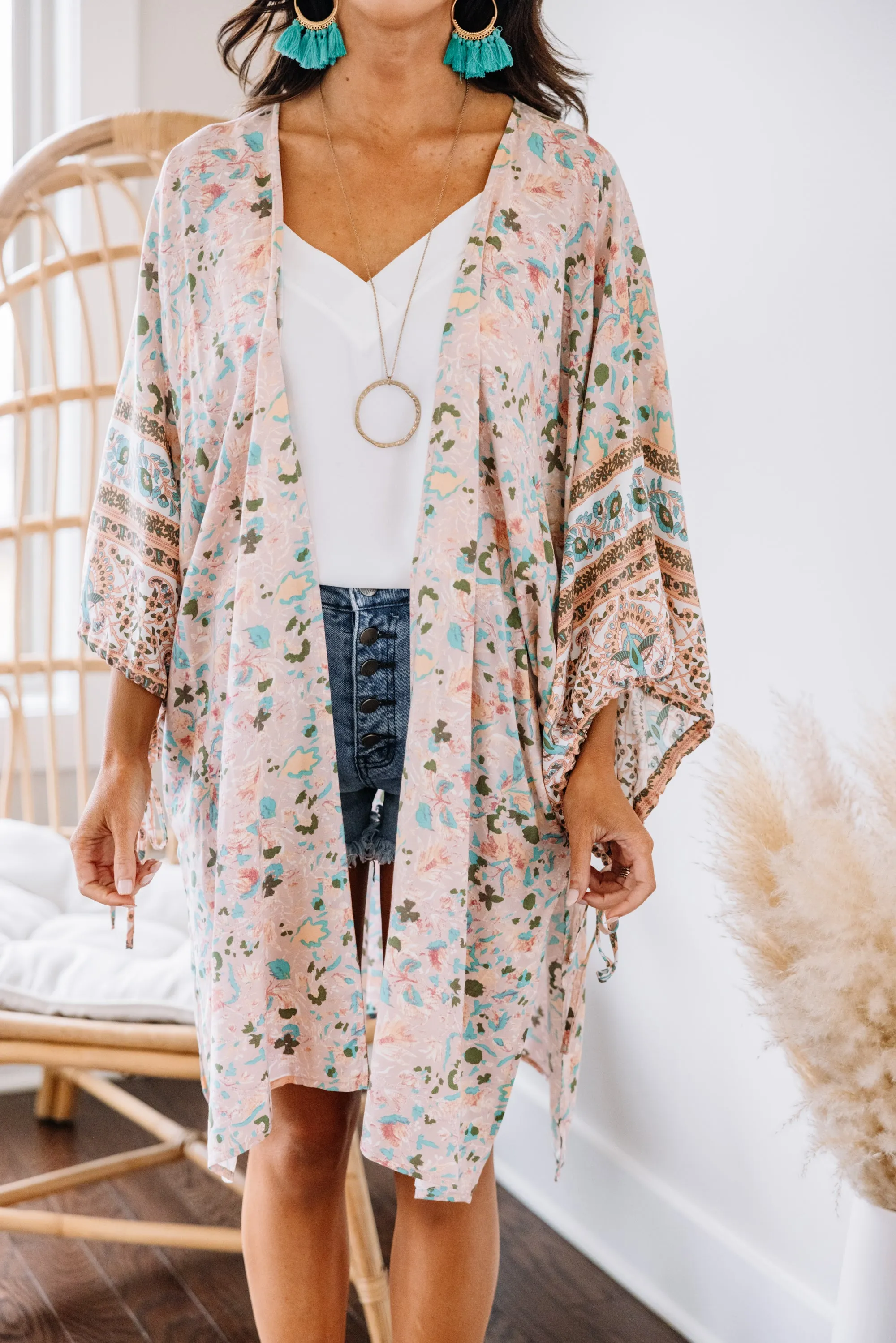 Call On You Blush Pink Floral Kimono