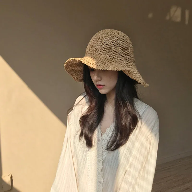 Casual Foldable Women’s Straw Woven Sun Hat For Beach With Wide Brim