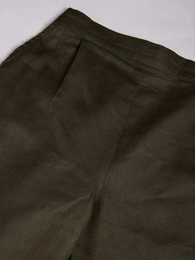 cotton linen back elasticated pants with side zipper - Olive Green