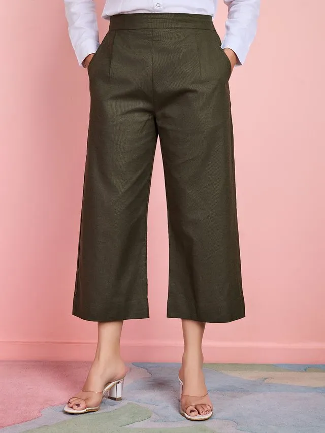 cotton linen back elasticated pants with side zipper - Olive Green