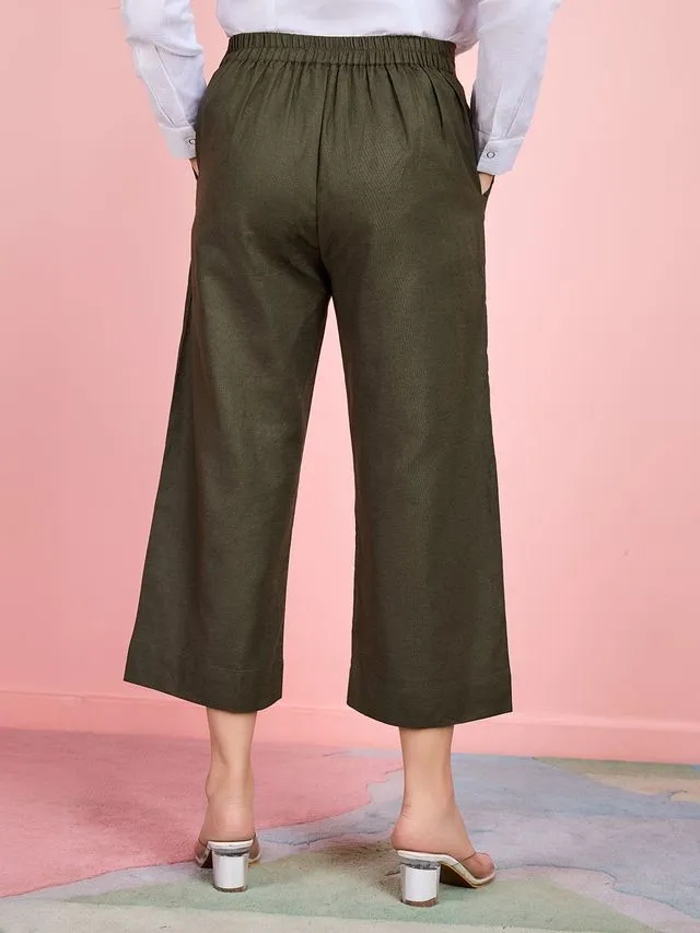 cotton linen back elasticated pants with side zipper - Olive Green