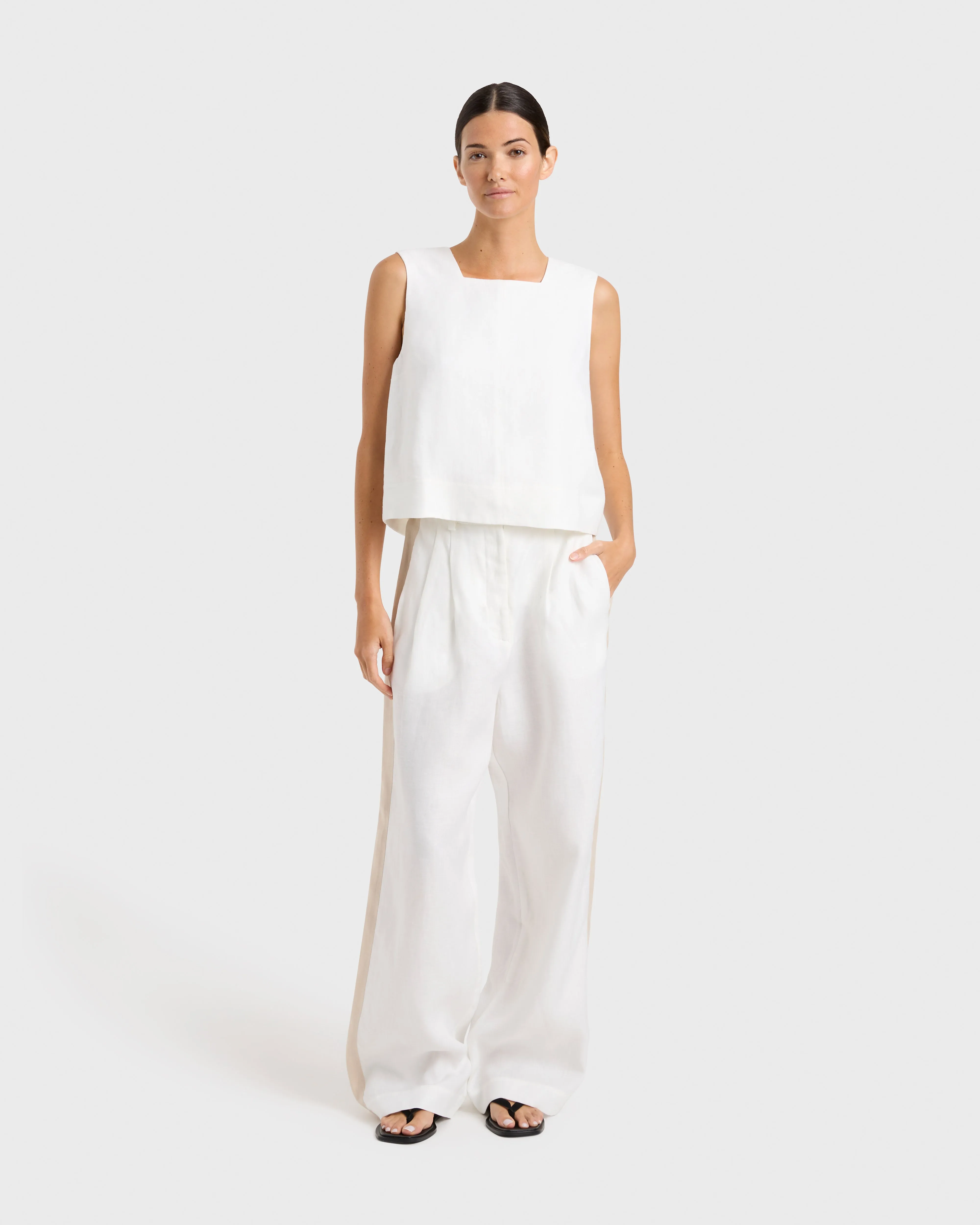 Delphi Linen Two Tone Pant - White & Sand