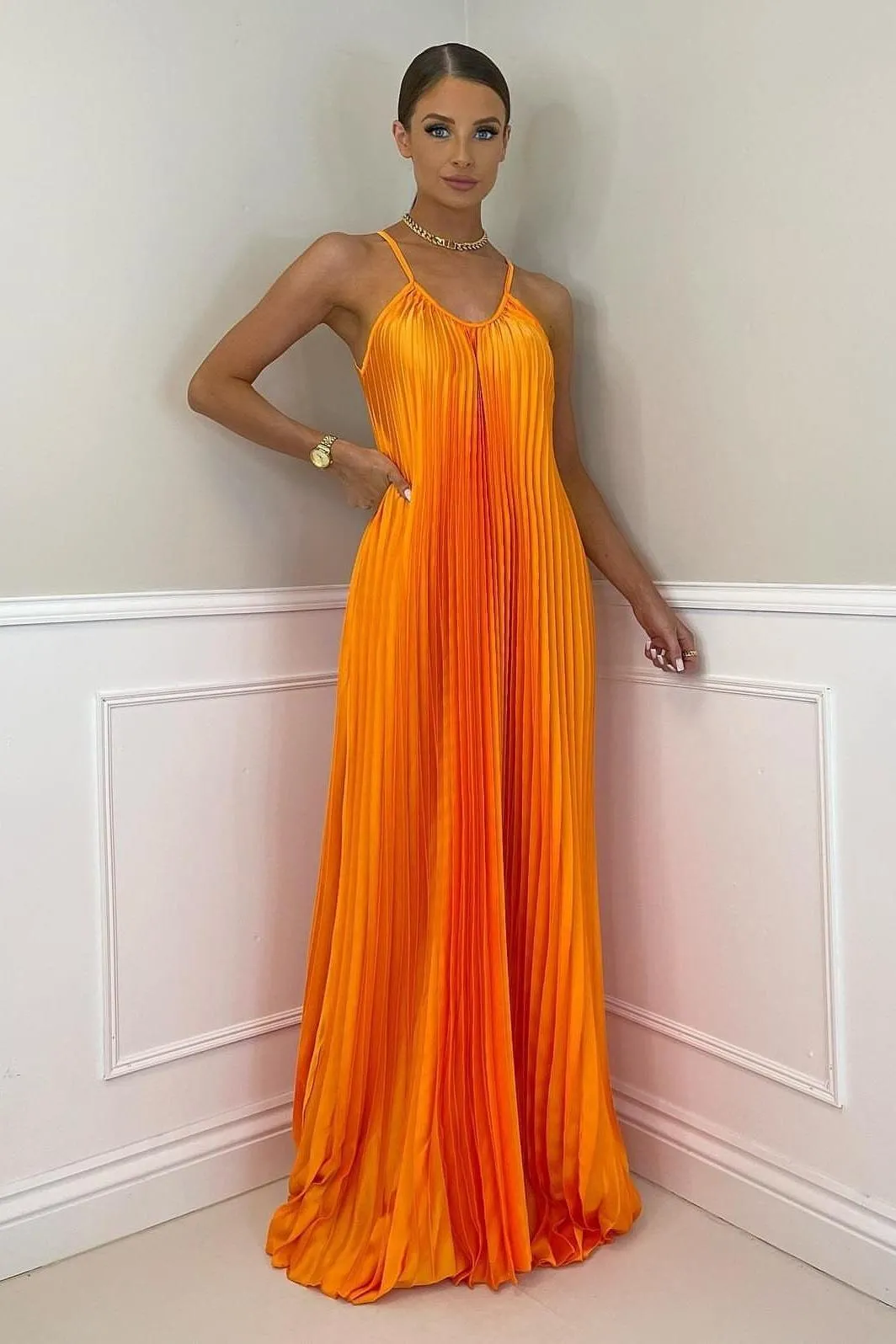 Elegant pleated long halter neck dress