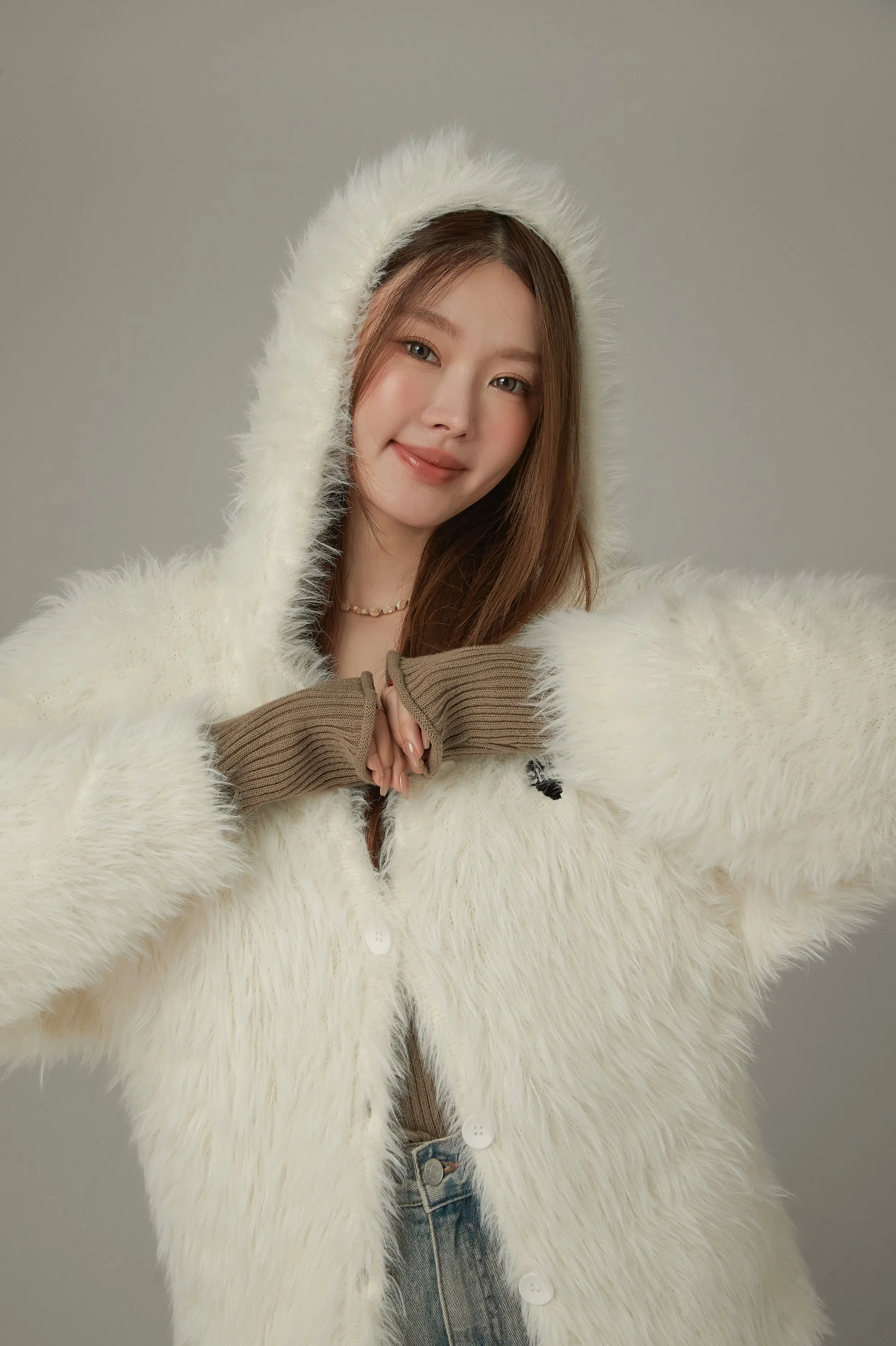 Embroidered Fuzzy Hooded Cardigan