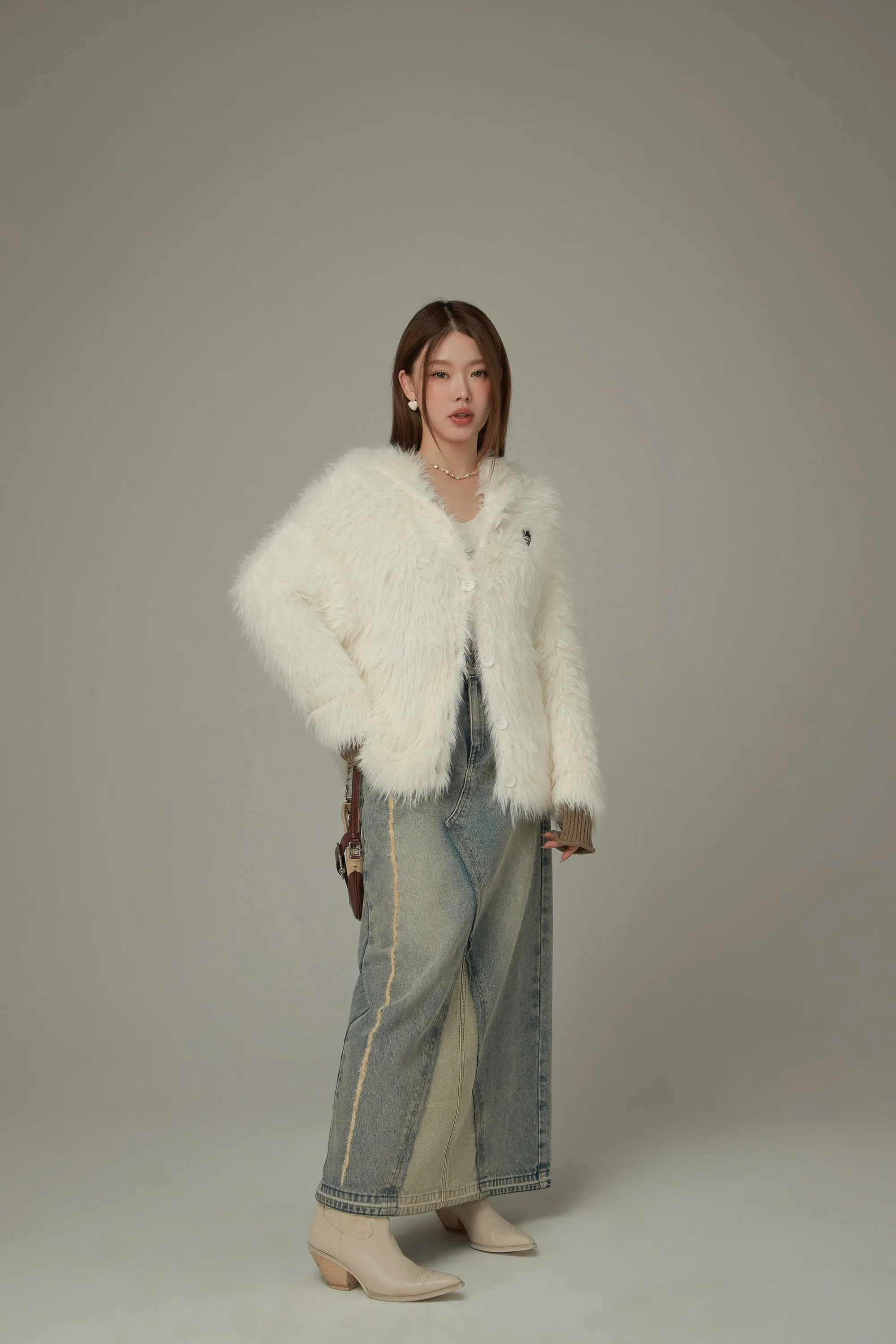 Embroidered Fuzzy Hooded Cardigan