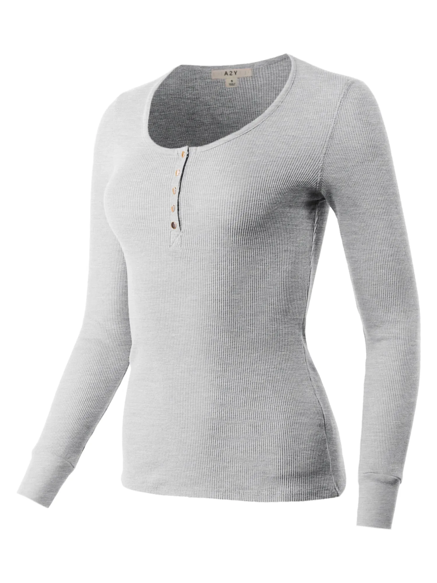 Fitted Snap Button Henley Crew Neck Long Sleeve Thermal Knit Tops