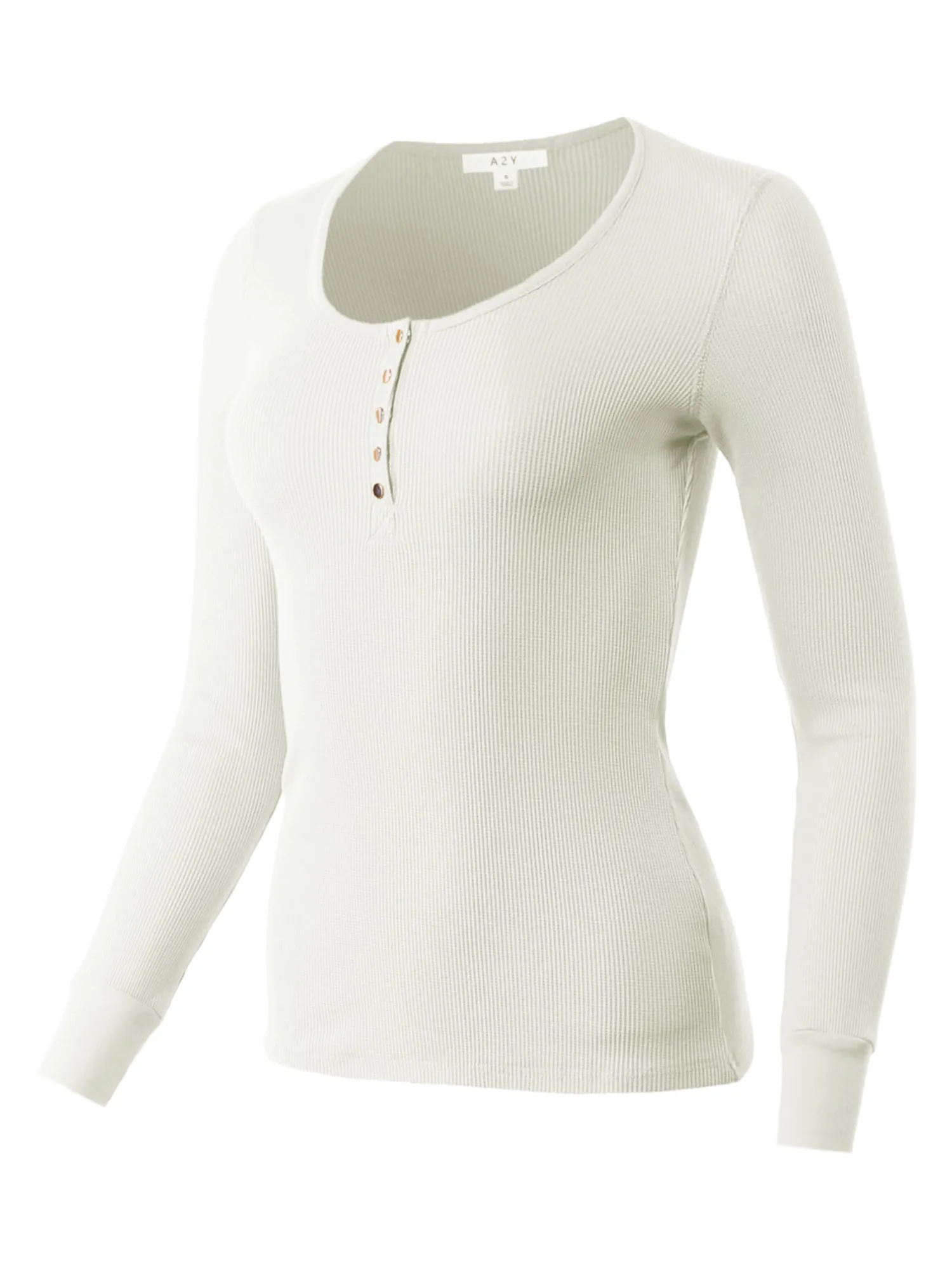 Fitted Snap Button Henley Crew Neck Long Sleeve Thermal Knit Tops