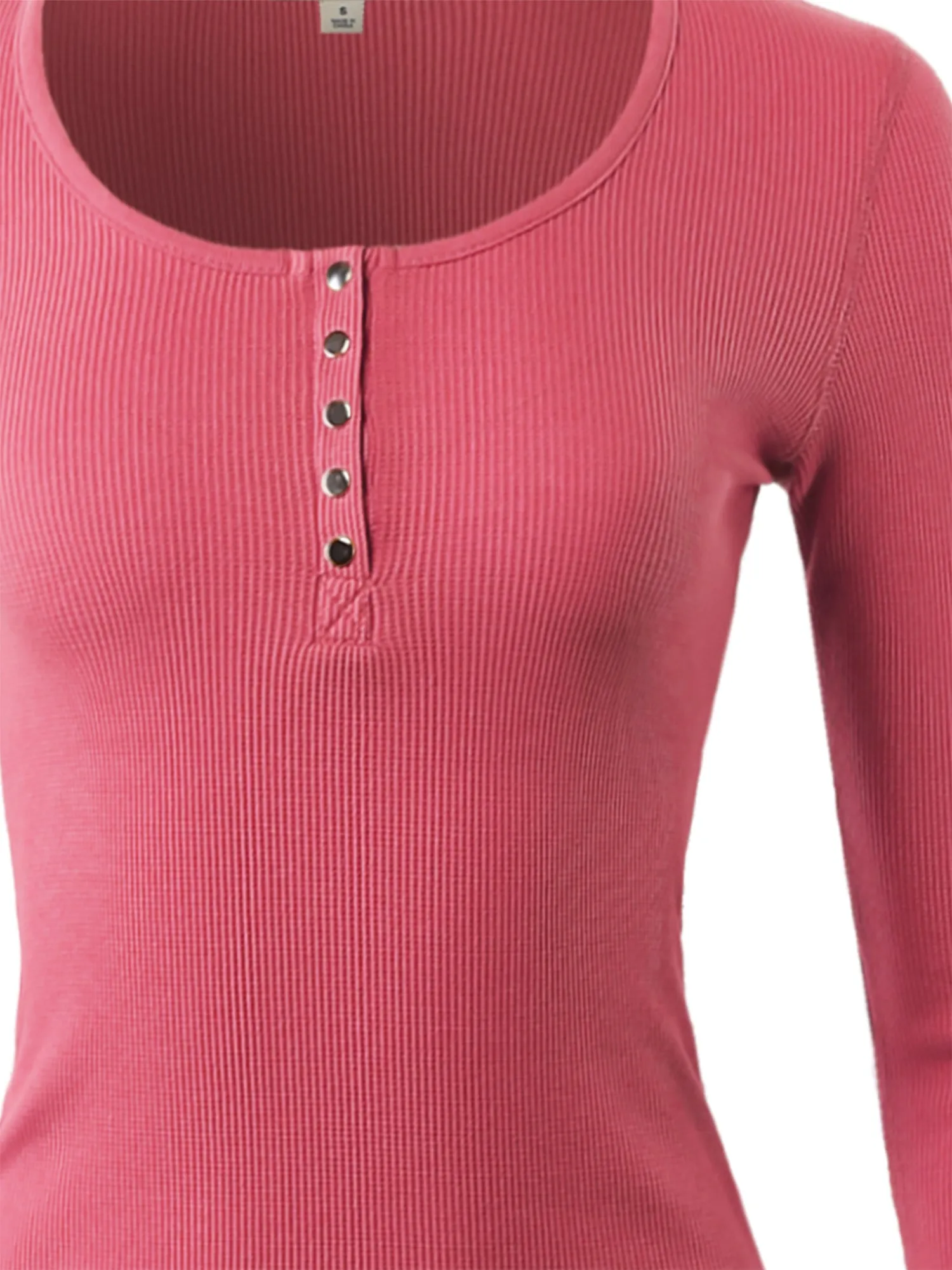 Fitted Snap Button Henley Crew Neck Long Sleeve Thermal Knit Tops