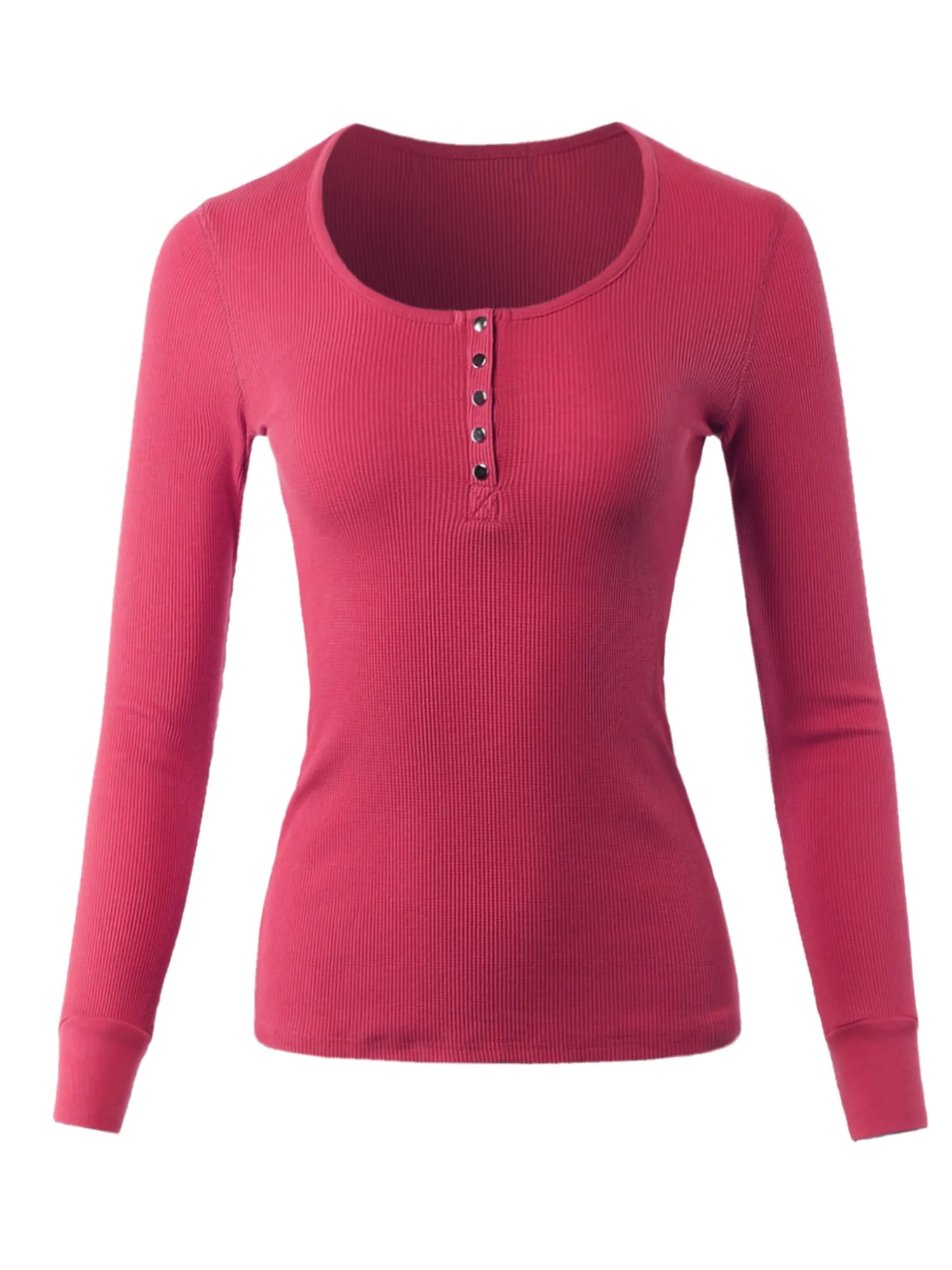 Fitted Snap Button Henley Crew Neck Long Sleeve Thermal Knit Tops