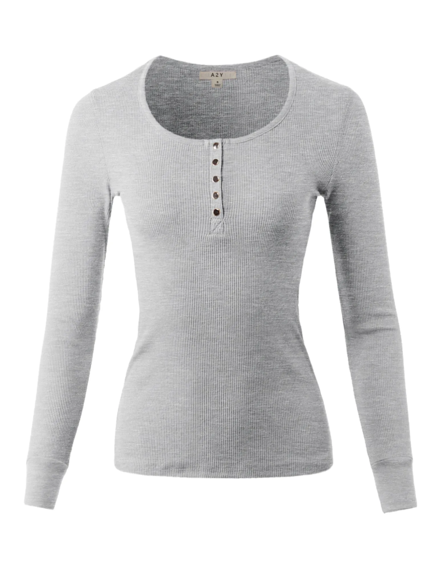 Fitted Snap Button Henley Crew Neck Long Sleeve Thermal Knit Tops