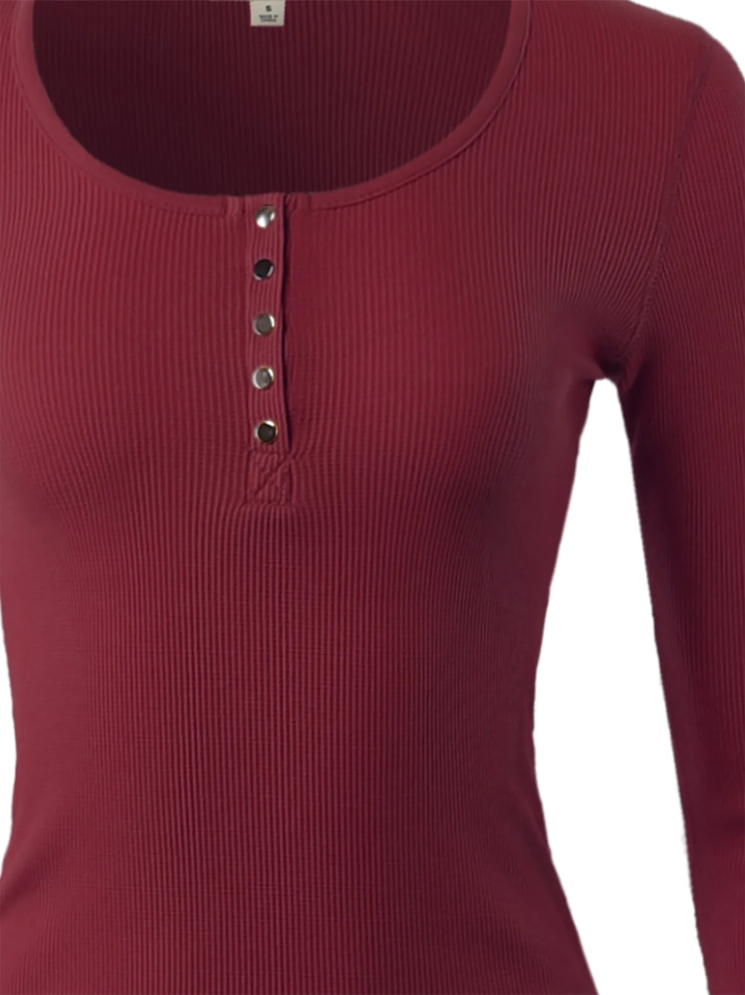 Fitted Snap Button Henley Crew Neck Long Sleeve Thermal Knit Tops