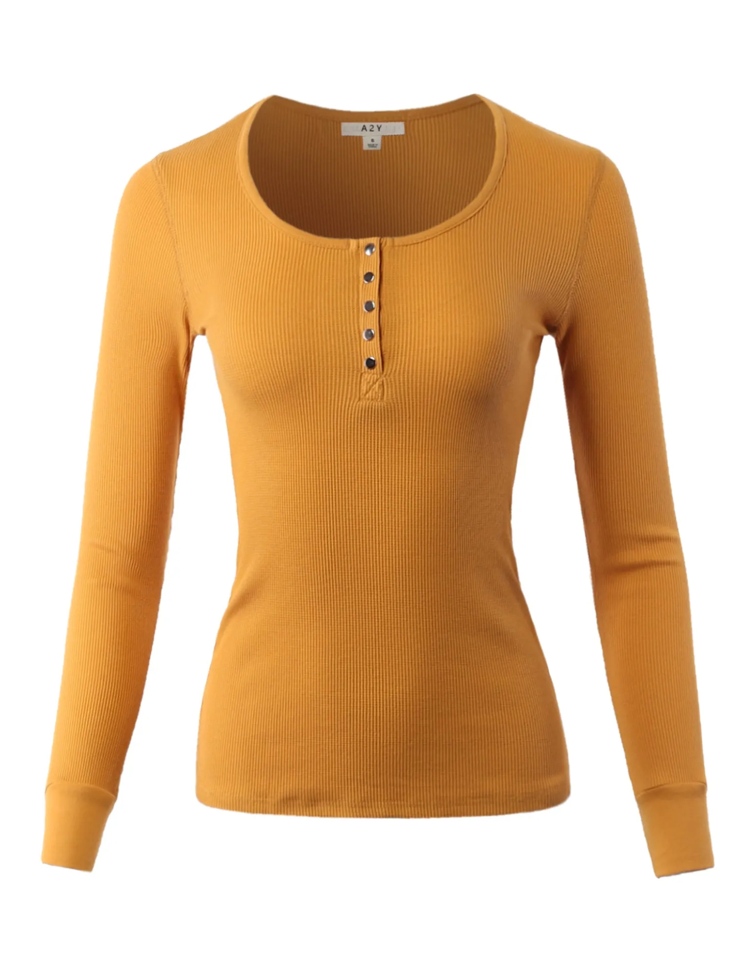 Fitted Snap Button Henley Crew Neck Long Sleeve Thermal Knit Tops