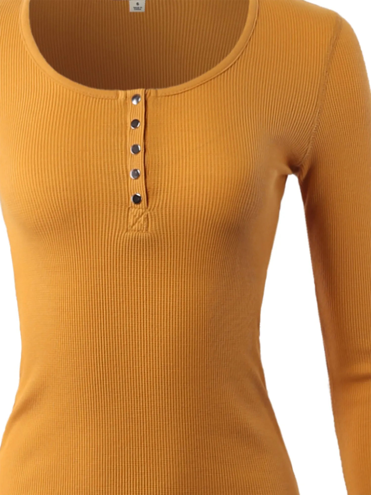 Fitted Snap Button Henley Crew Neck Long Sleeve Thermal Knit Tops