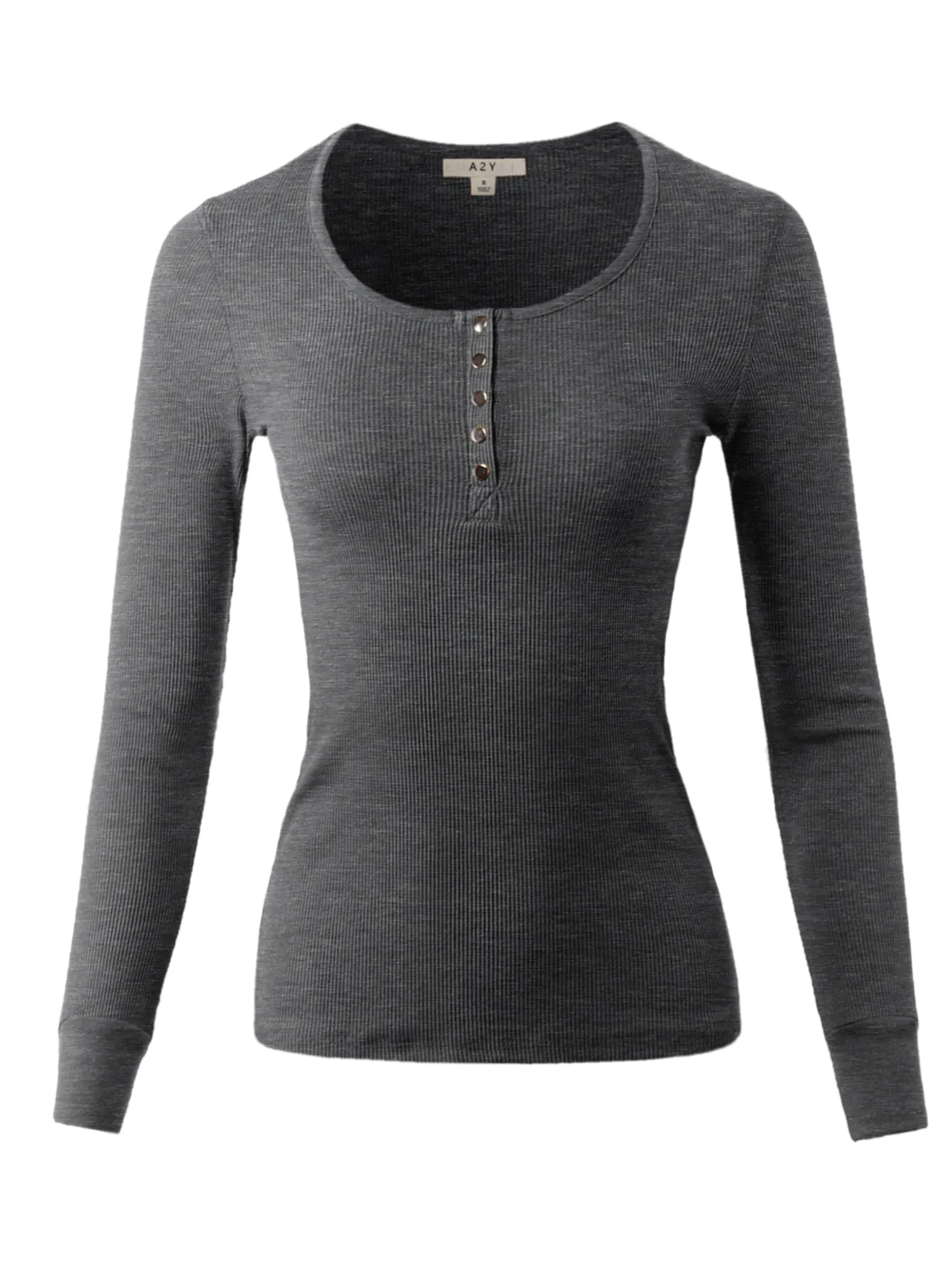 Fitted Snap Button Henley Crew Neck Long Sleeve Thermal Knit Tops