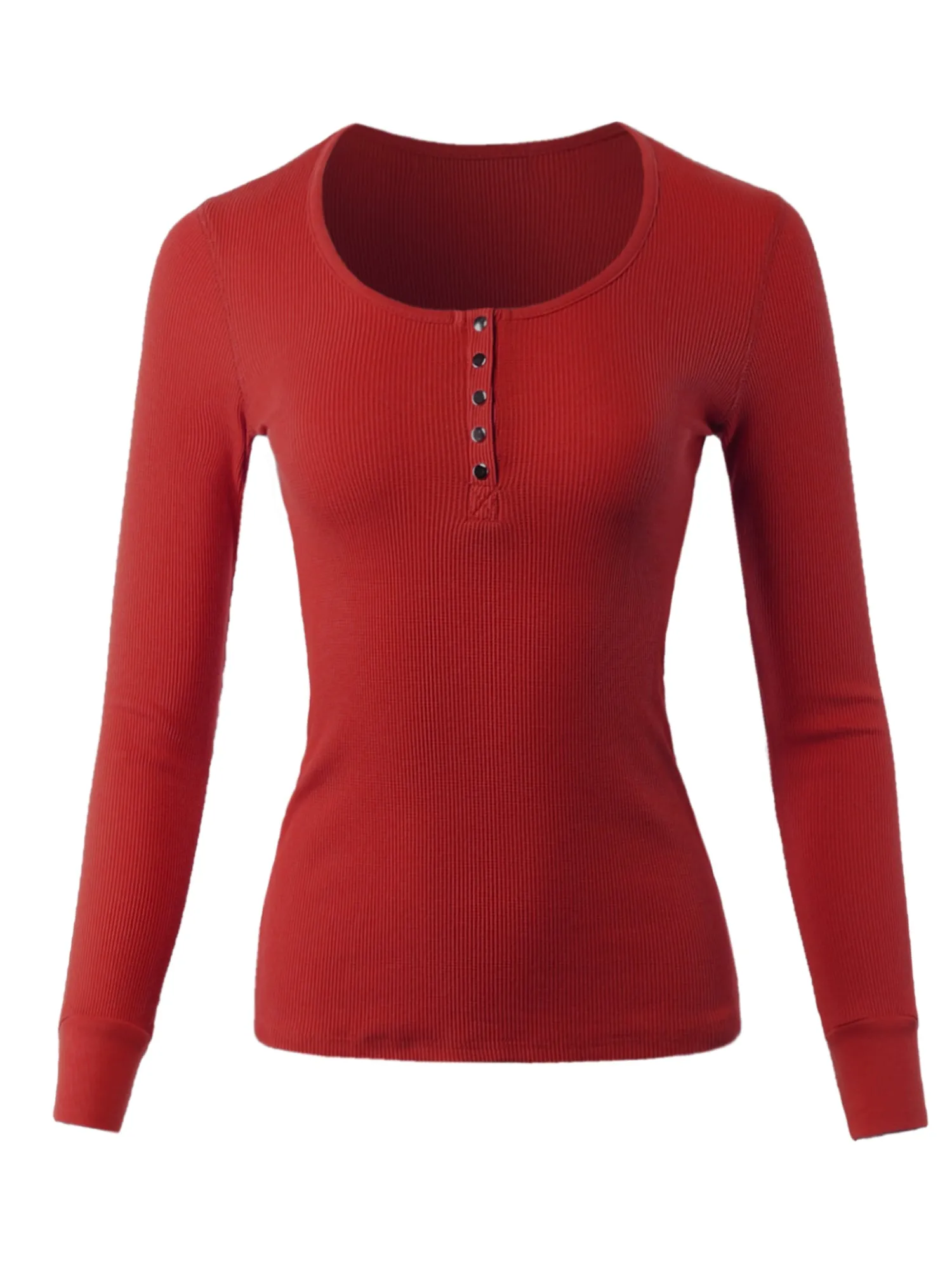 Fitted Snap Button Henley Crew Neck Long Sleeve Thermal Knit Tops