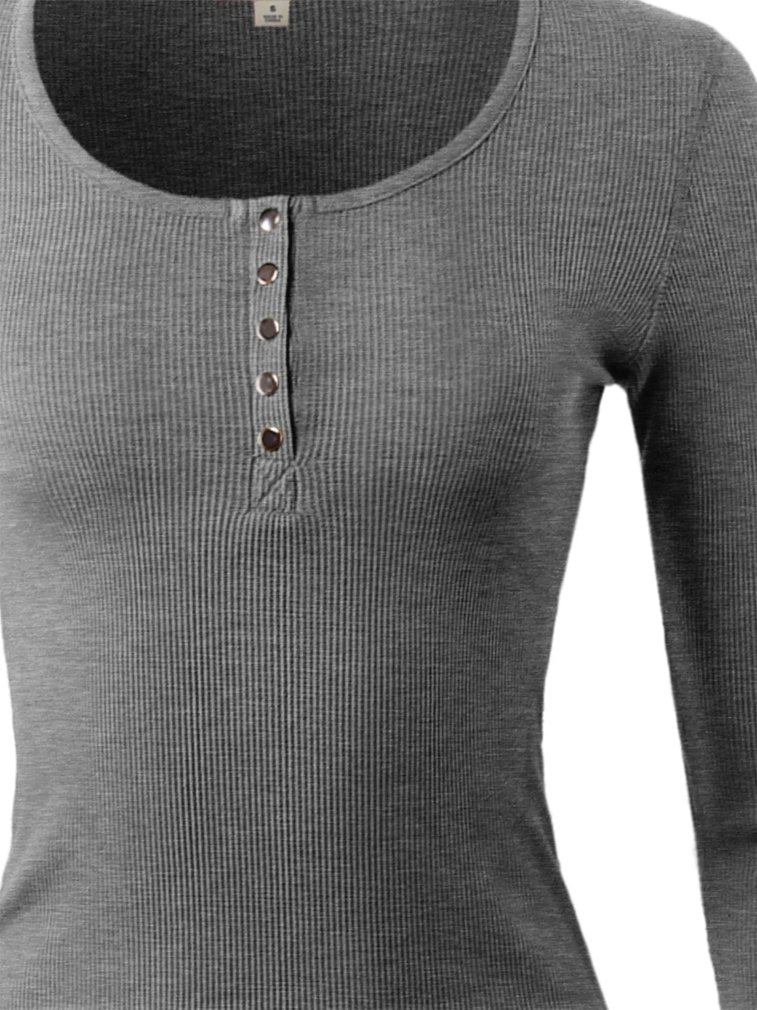 Fitted Snap Button Henley Crew Neck Long Sleeve Thermal Knit Tops