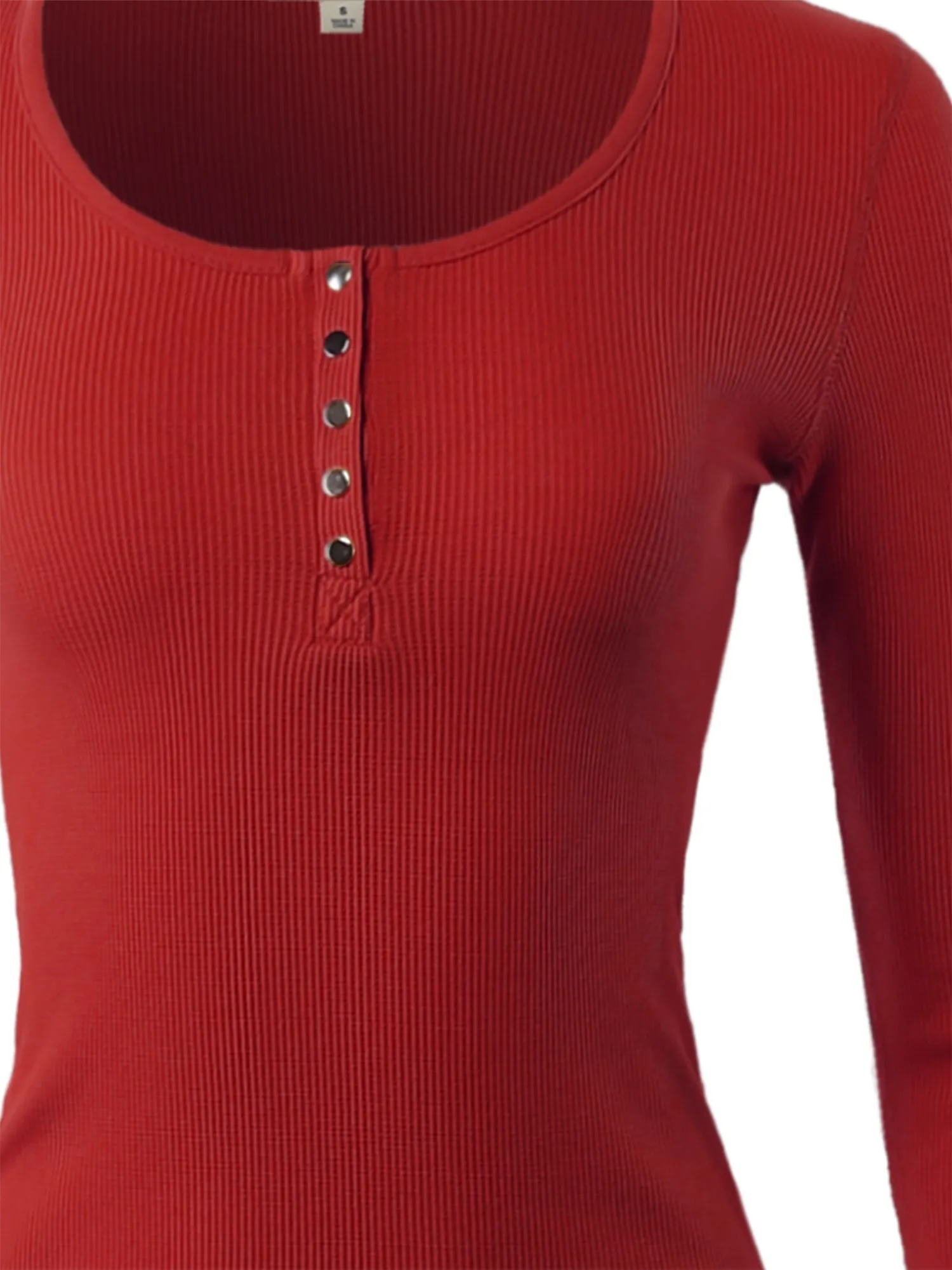 Fitted Snap Button Henley Crew Neck Long Sleeve Thermal Knit Tops