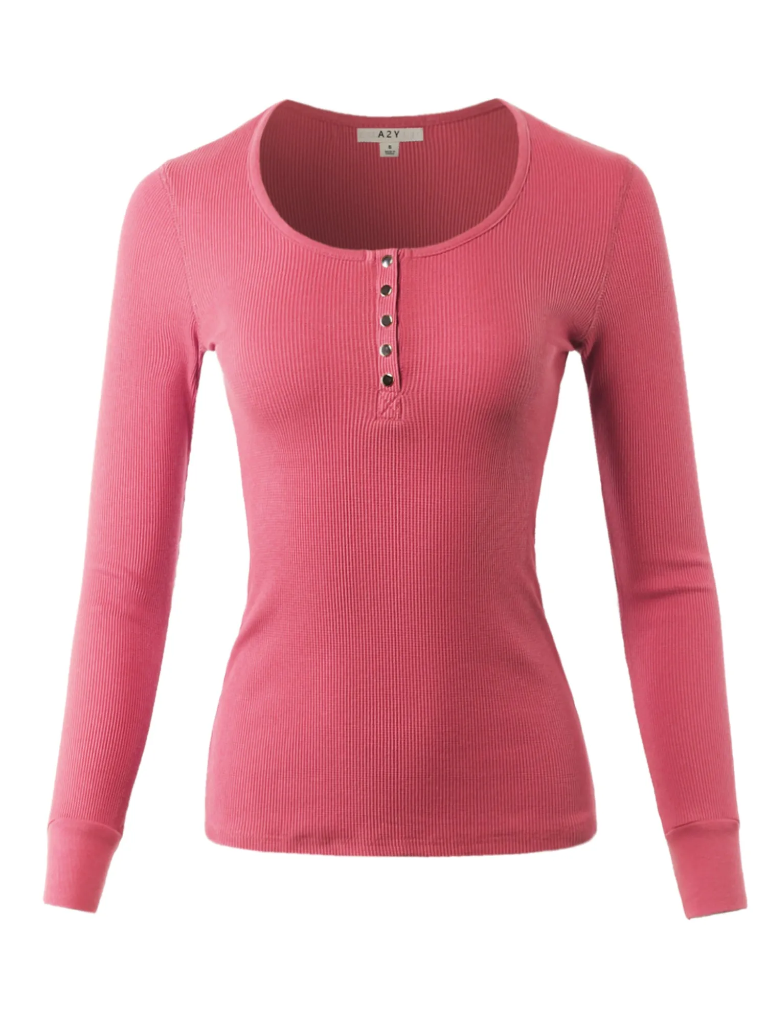 Fitted Snap Button Henley Crew Neck Long Sleeve Thermal Knit Tops