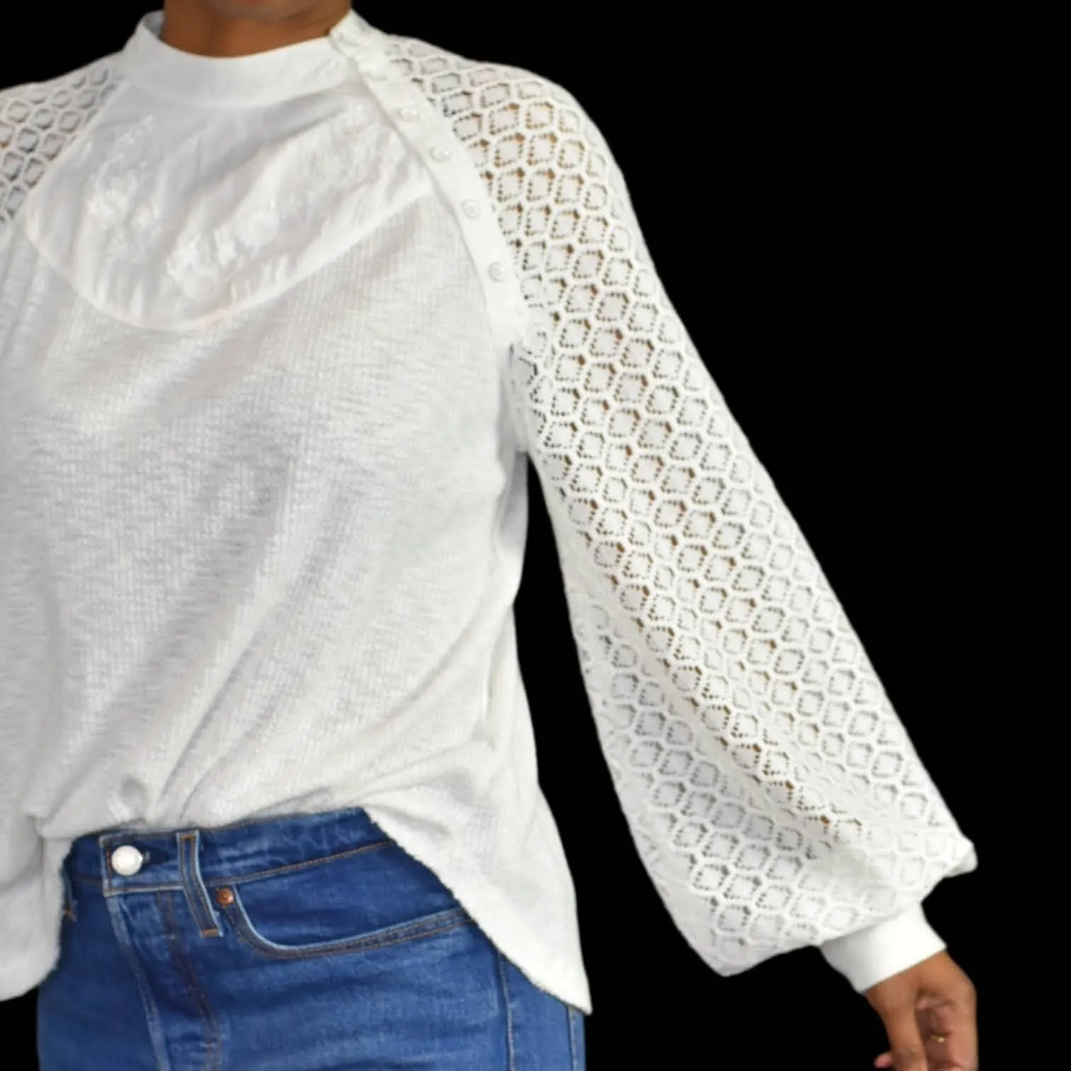 Free People White Top Sweetest Thing Lantern Sleeve Thermal Lace Size Medium