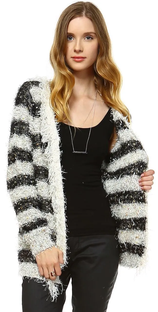 Fuzzy Cardigan Sweater Open Front Closure Black White