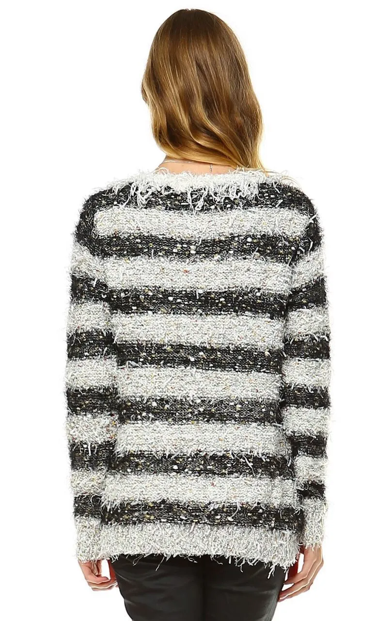 Fuzzy Cardigan Sweater Open Front Closure Black White