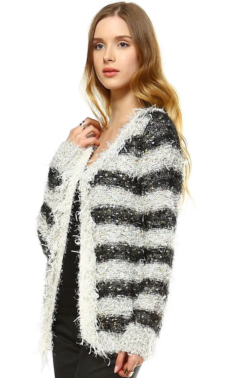 Fuzzy Cardigan Sweater Open Front Closure Black White