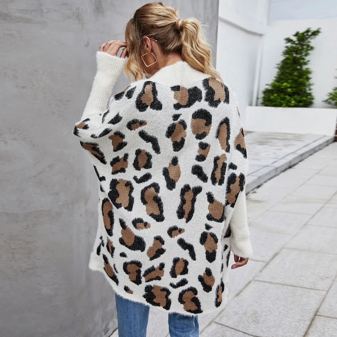 Fuzzy Shawl Collar Open Front Leopard Jacquard Eyelash Knit Cardigan