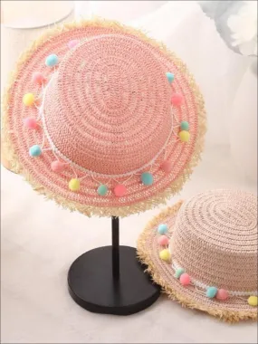 Girls Frayed Edge Pom Pom Straw Hat