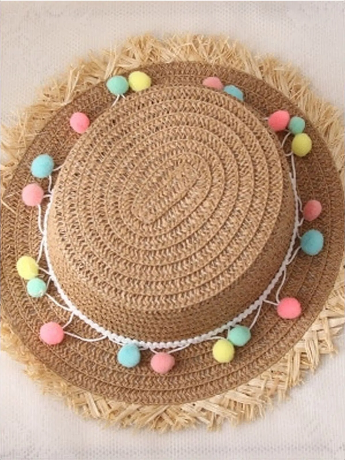 Girls Frayed Edge Pom Pom Straw Hat