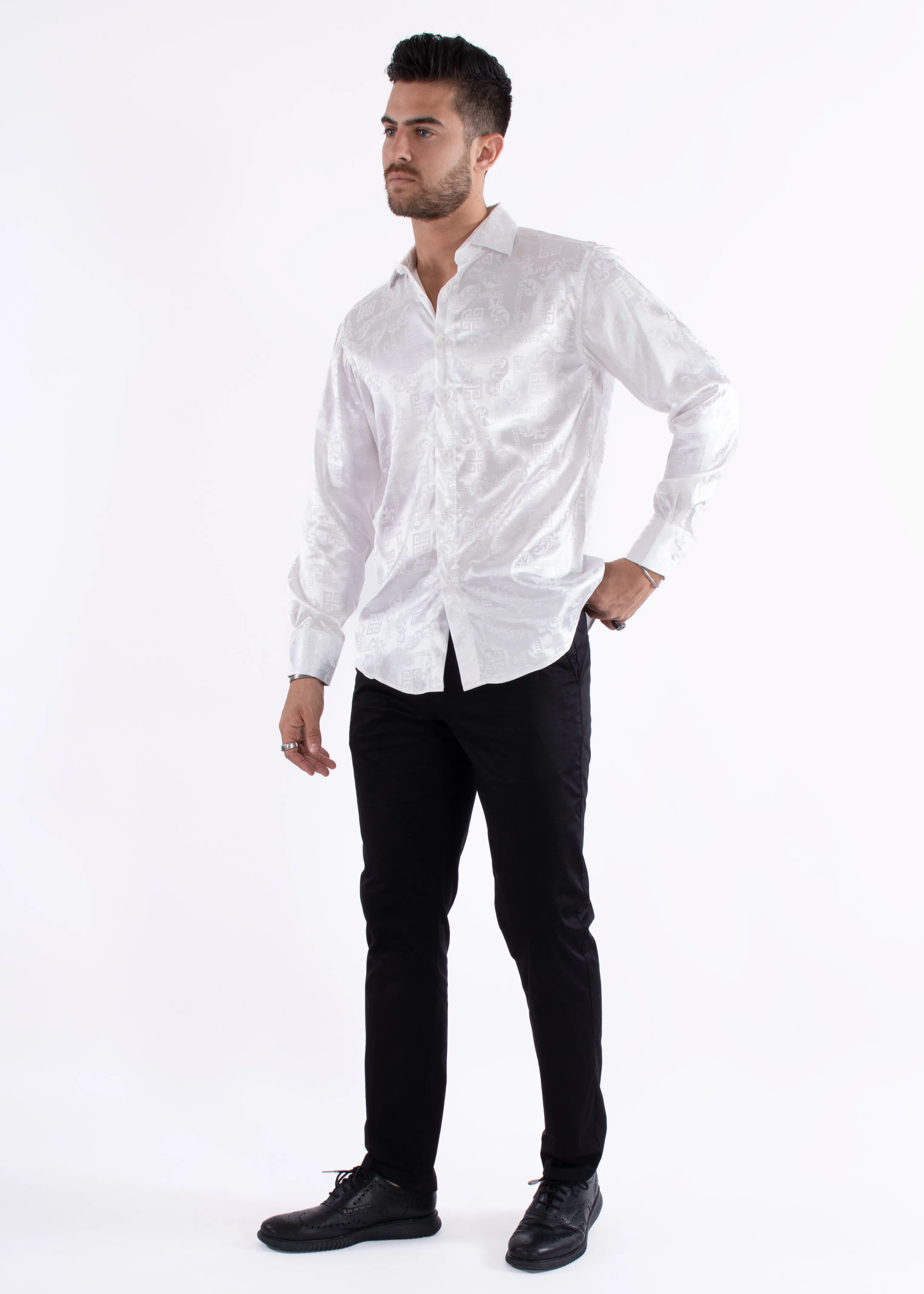 Greek Key Long Sleeve Dress Shirt White Shine