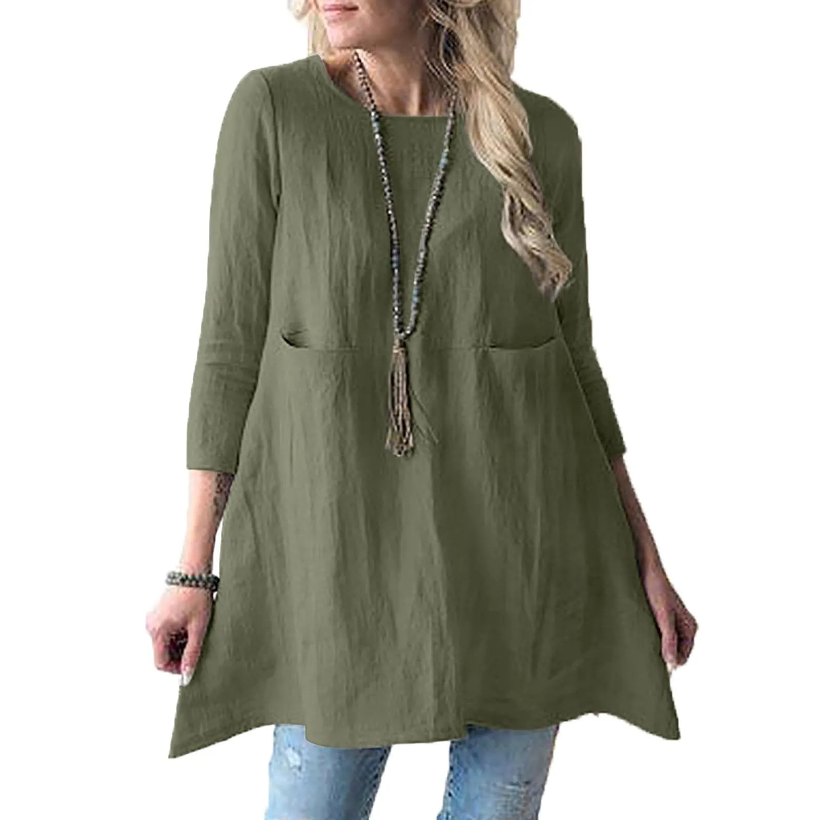 Green S Womens Tunic Tops 2024 Cotton Linen Long Sleeve Casual Loose Summer Blouse Pullover Asymmetrical Hem Crew Neck Oversized Fall Shirt A Line Tunic Dress with Pocket