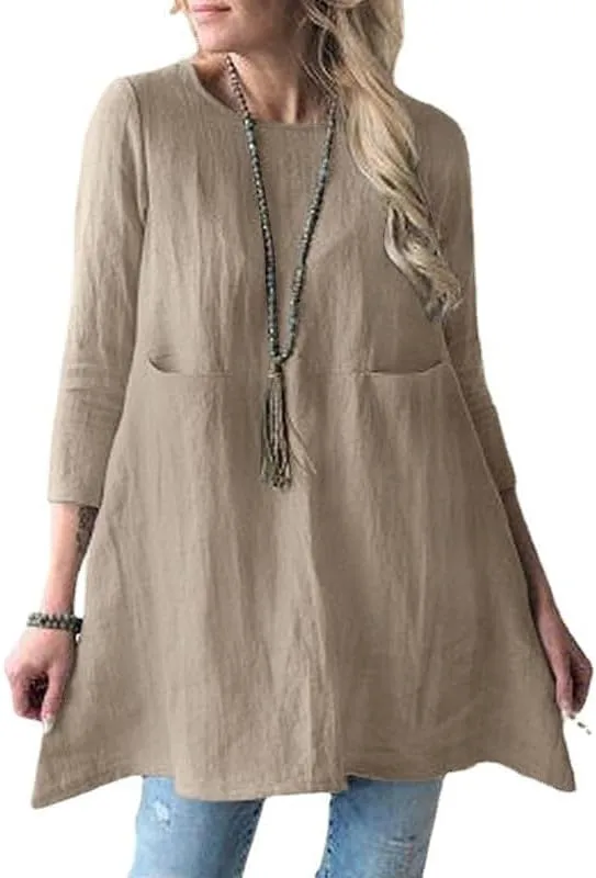 Green S Womens Tunic Tops 2024 Cotton Linen Long Sleeve Casual Loose Summer Blouse Pullover Asymmetrical Hem Crew Neck Oversized Fall Shirt A Line Tunic Dress with Pocket